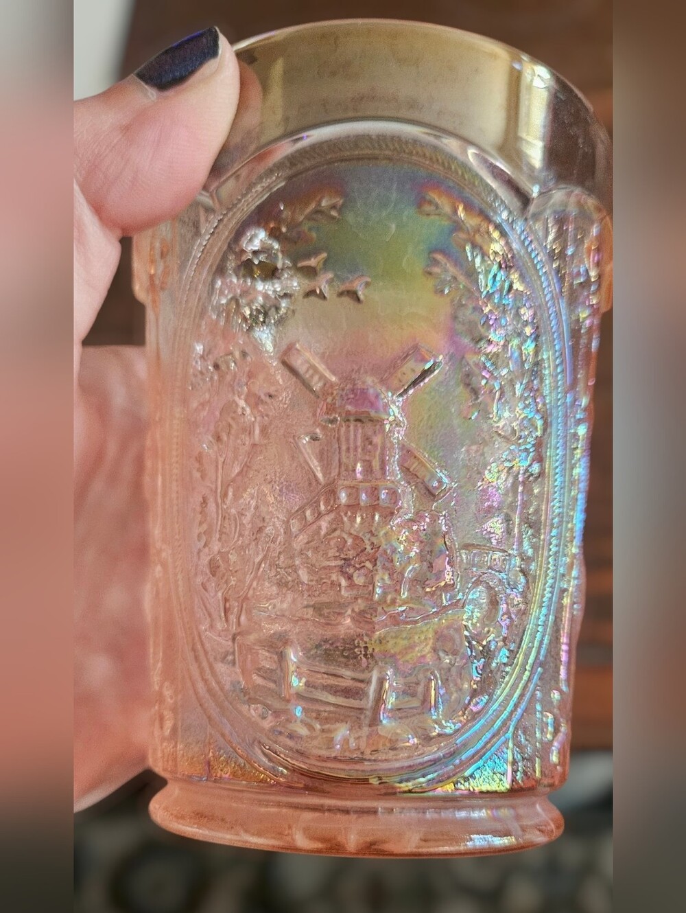 Pink Iridescent Carnival Glass Tumbler with Windmill Motif